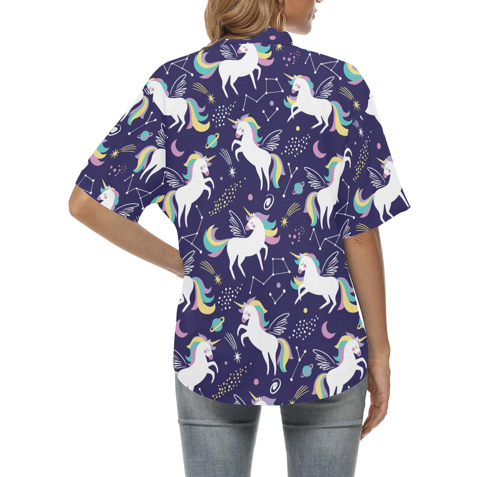 Hand drawn cute unicorn star planet Women's All Over Print Hawaiian Shirt