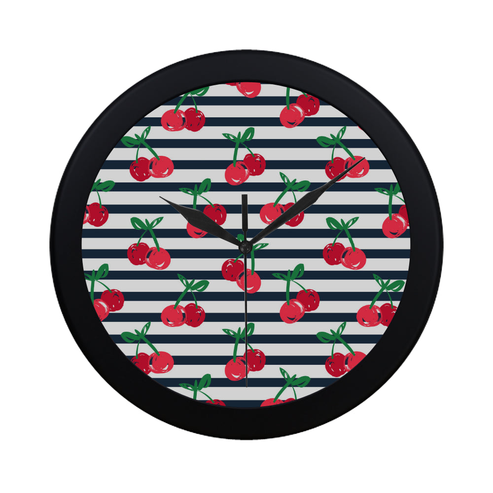 Hand drawn cherry pattern striped background Elegant Black Wall Clock