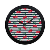 Hand drawn cherry pattern striped background Elegant Black Wall Clock