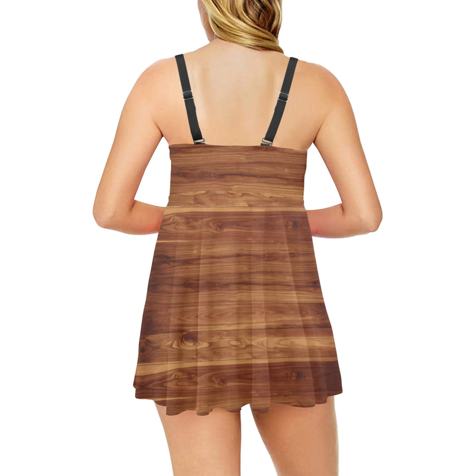Wood Printed Pattern Print Design 04 Chest Sexy Pleated Two Piece Swim Dress