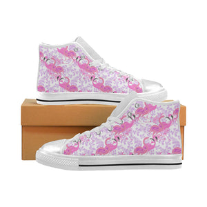 Pink flamingo flower pattern Women's High Top Canvas Shoes White