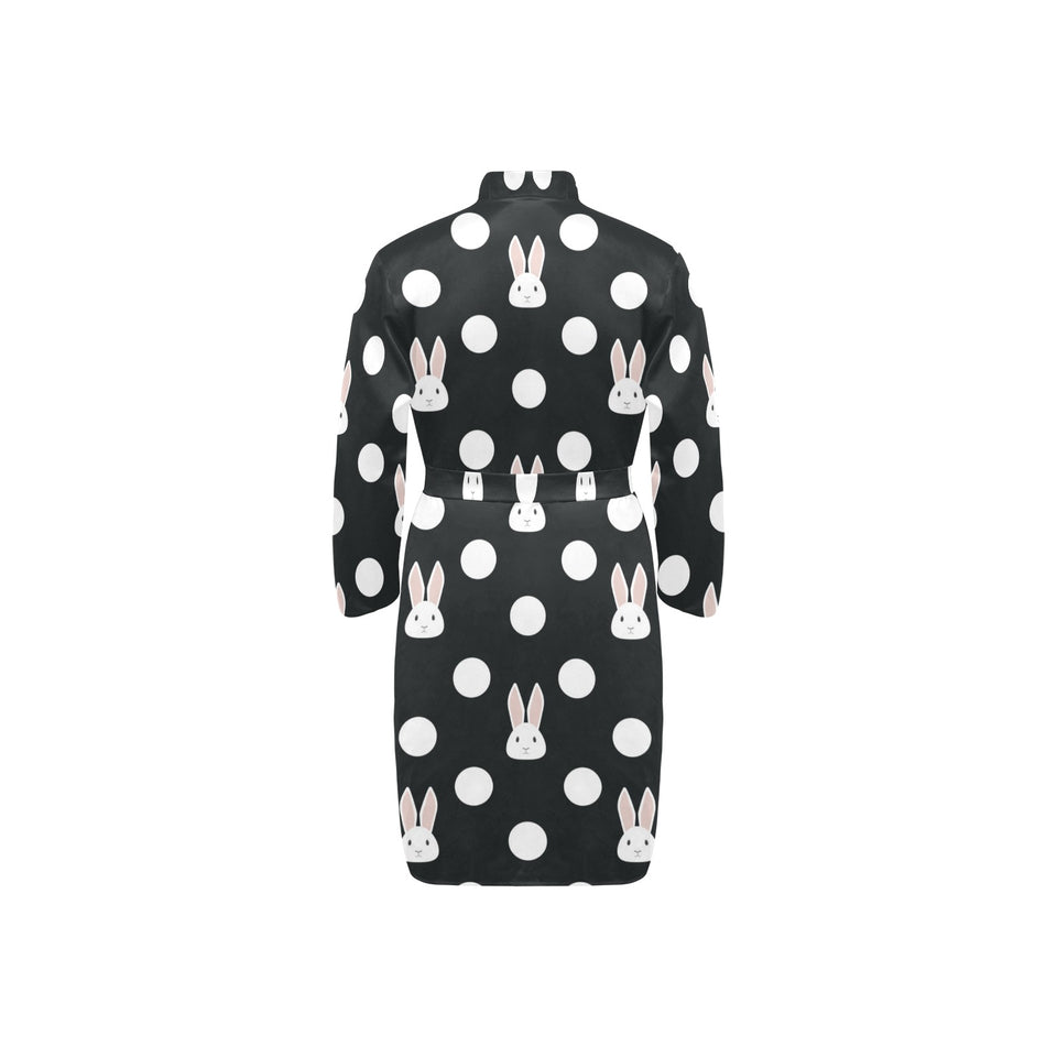 Cute white rabbit polka dots black background Men's Long Sleeve Belted Night Robe