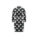 Cute white rabbit polka dots black background Men's Long Sleeve Belted Night Robe