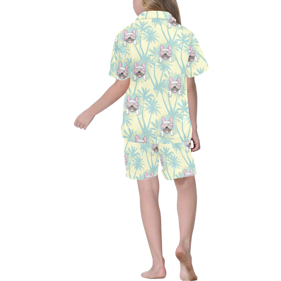 French bulldog hawaii blackground Kids' Boys' Girls' V-Neck Short Pajama Set