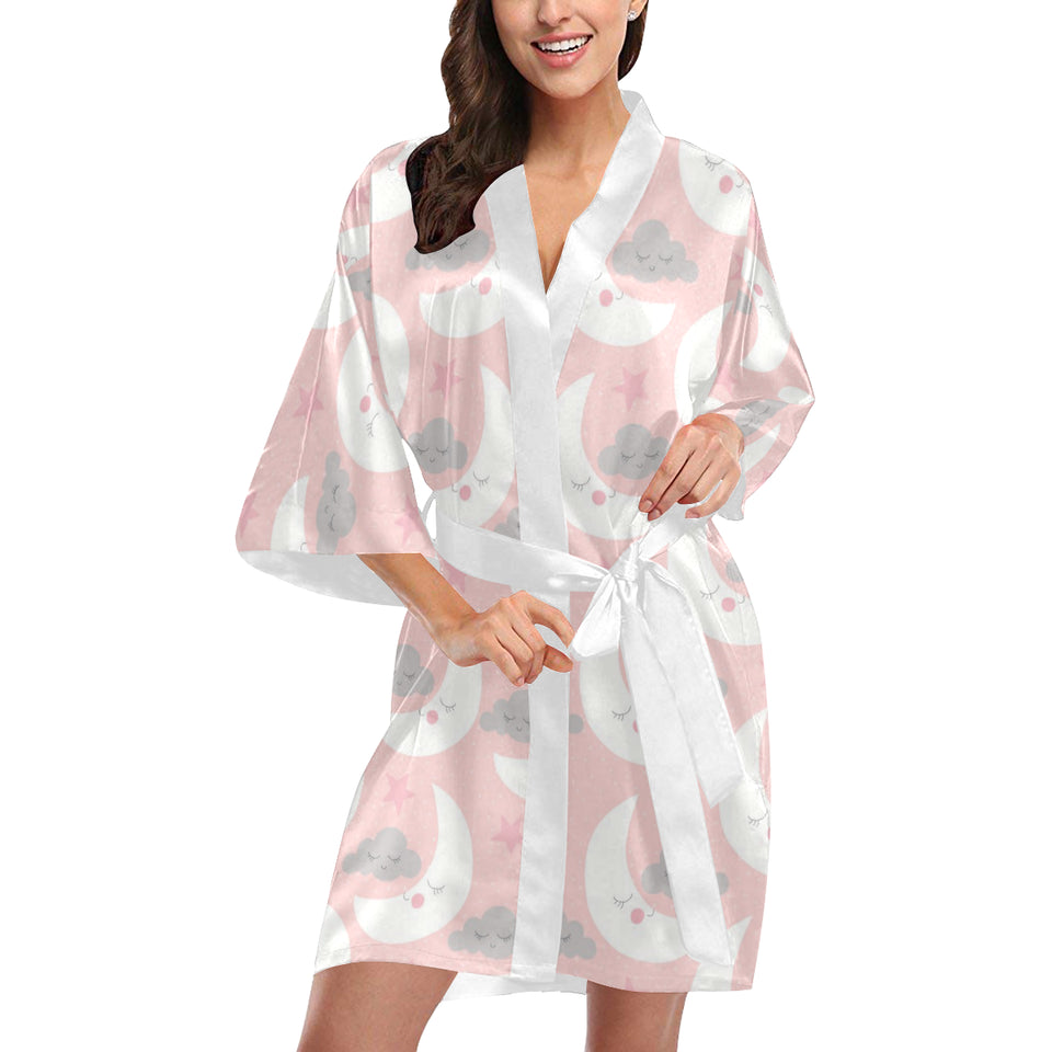 Cute moon cloud star pattern pink dot background Women's Short Kimono Robe