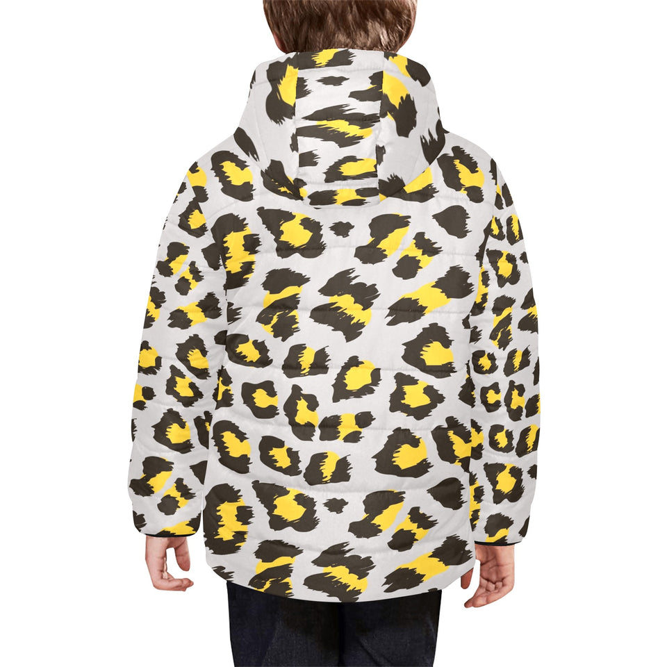 Gray Leopard print pattern Kids' Boys' Girls' Padded Hooded Jacket