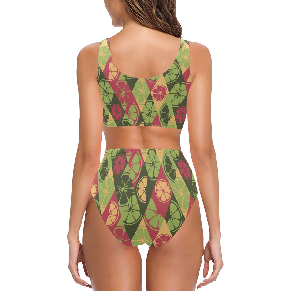 Cool Geometric lime pattern Chest Bowknot High Waisted Bikini Swimsuit