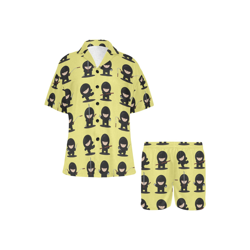 Cute ninja yellow background Women's V-Neck Short Pajama Set
