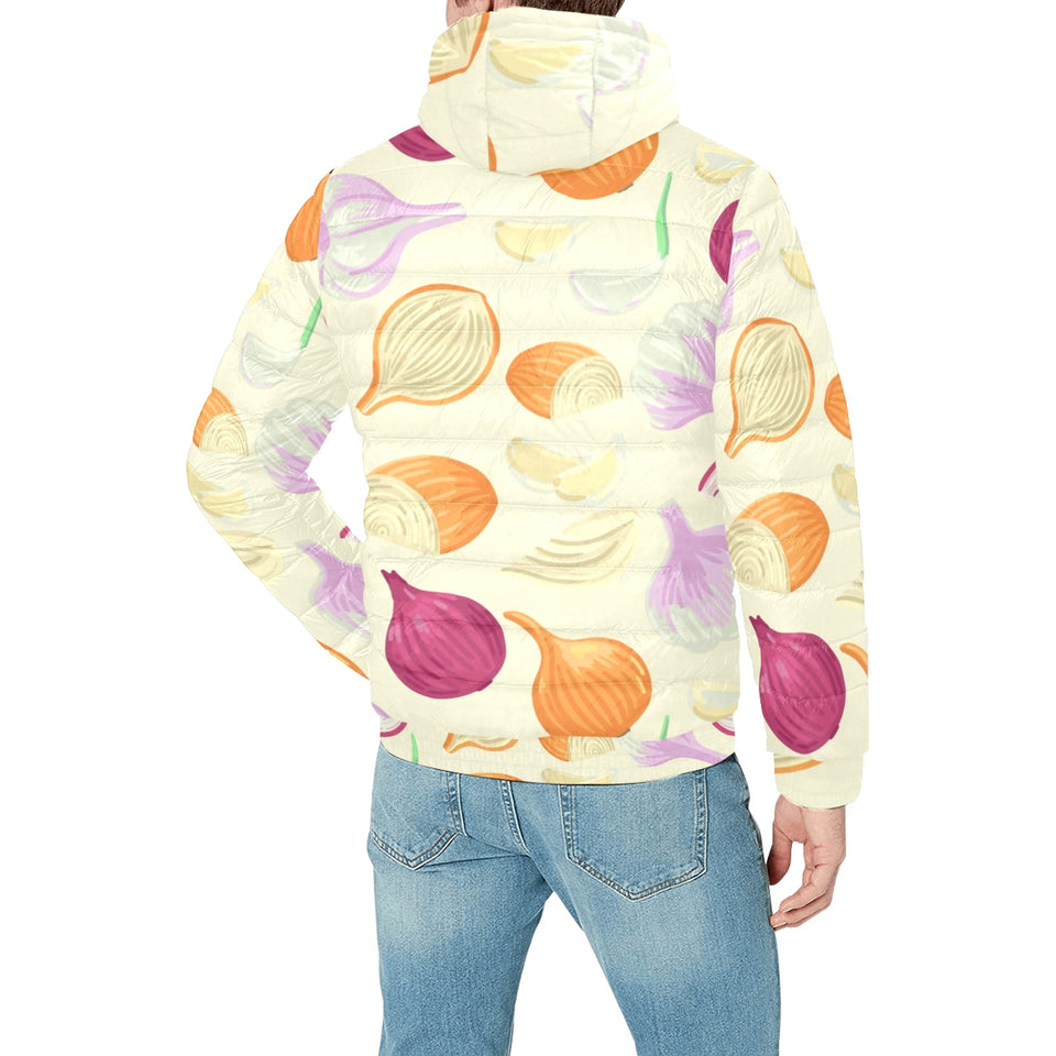 Onion garlic white red pattern Men's Padded Hooded Jacket