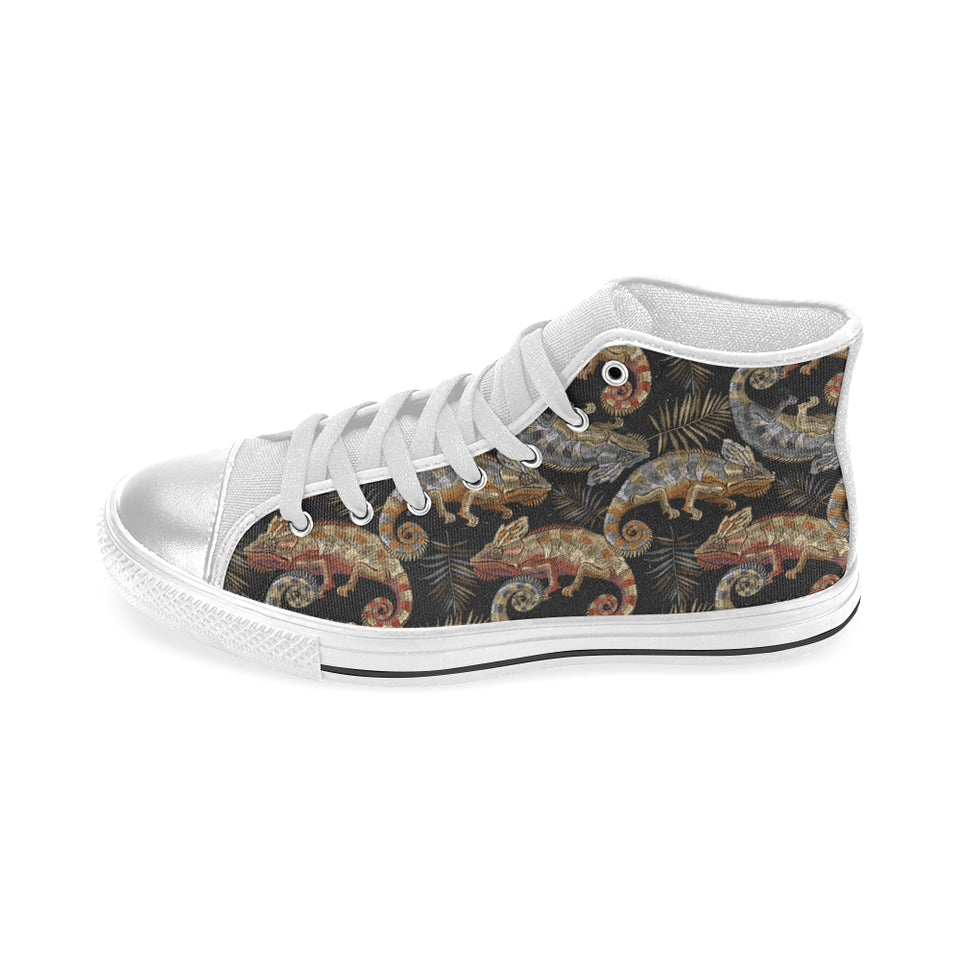 Chameleon lizard tropical leaves palm tree Women's High Top Canvas Shoes White