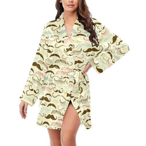 Mustache Beard Pattern Print Design 01 Women's Long Sleeve Belted Night Robe