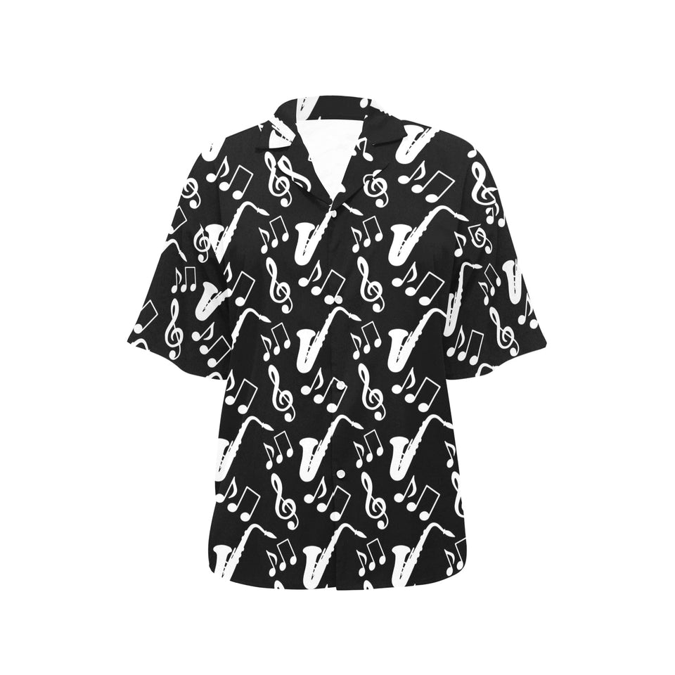 Saxophone music notes treble clef black white them Women's All Over Print Hawaiian Shirt