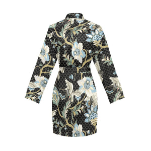 Japanese crane ornament elements Women's Long Sleeve Belted Night Robe