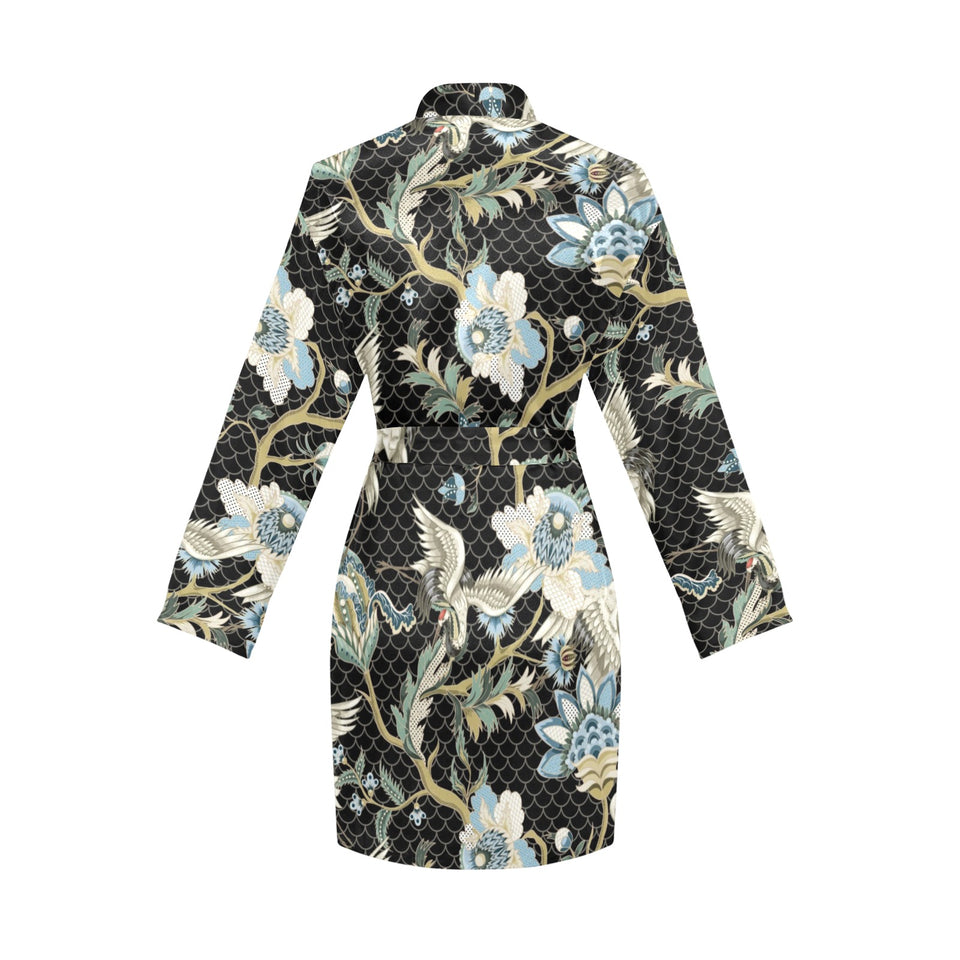 Japanese crane ornament elements Women's Long Sleeve Belted Night Robe