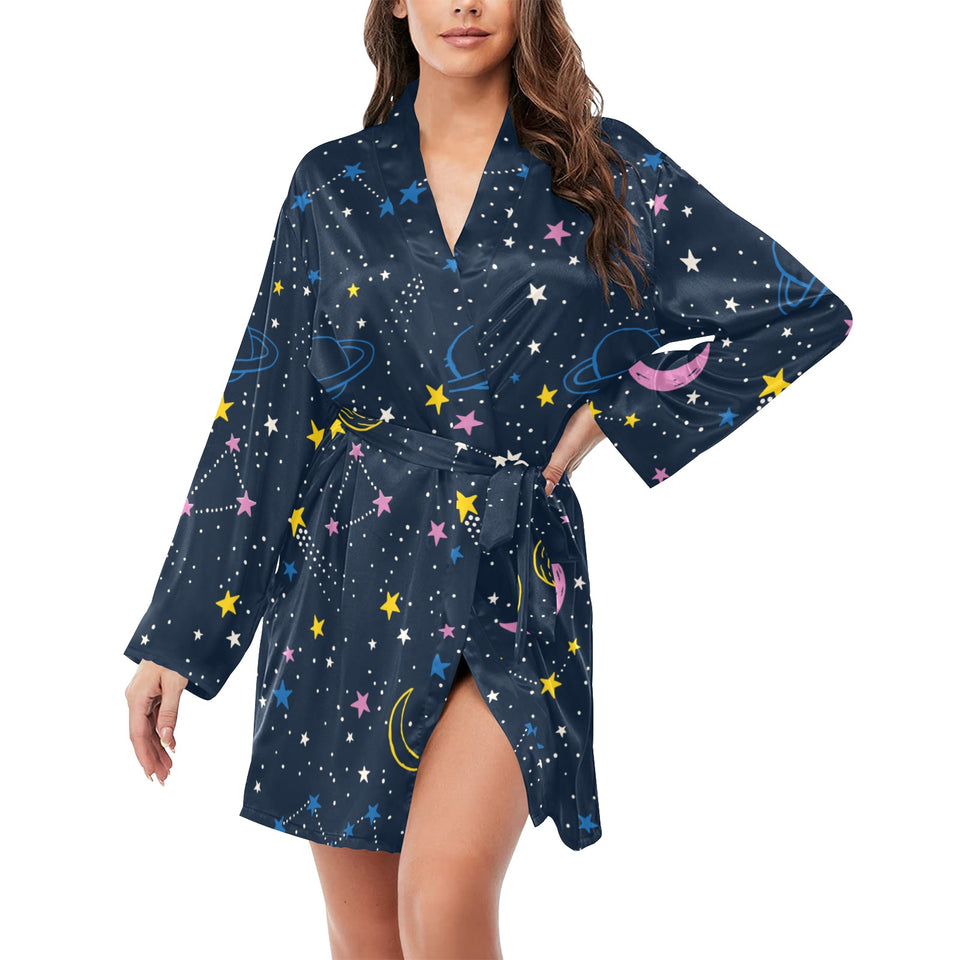 space pattern with planets, comets, constellations Women's Long Sleeve Belted Night Robe