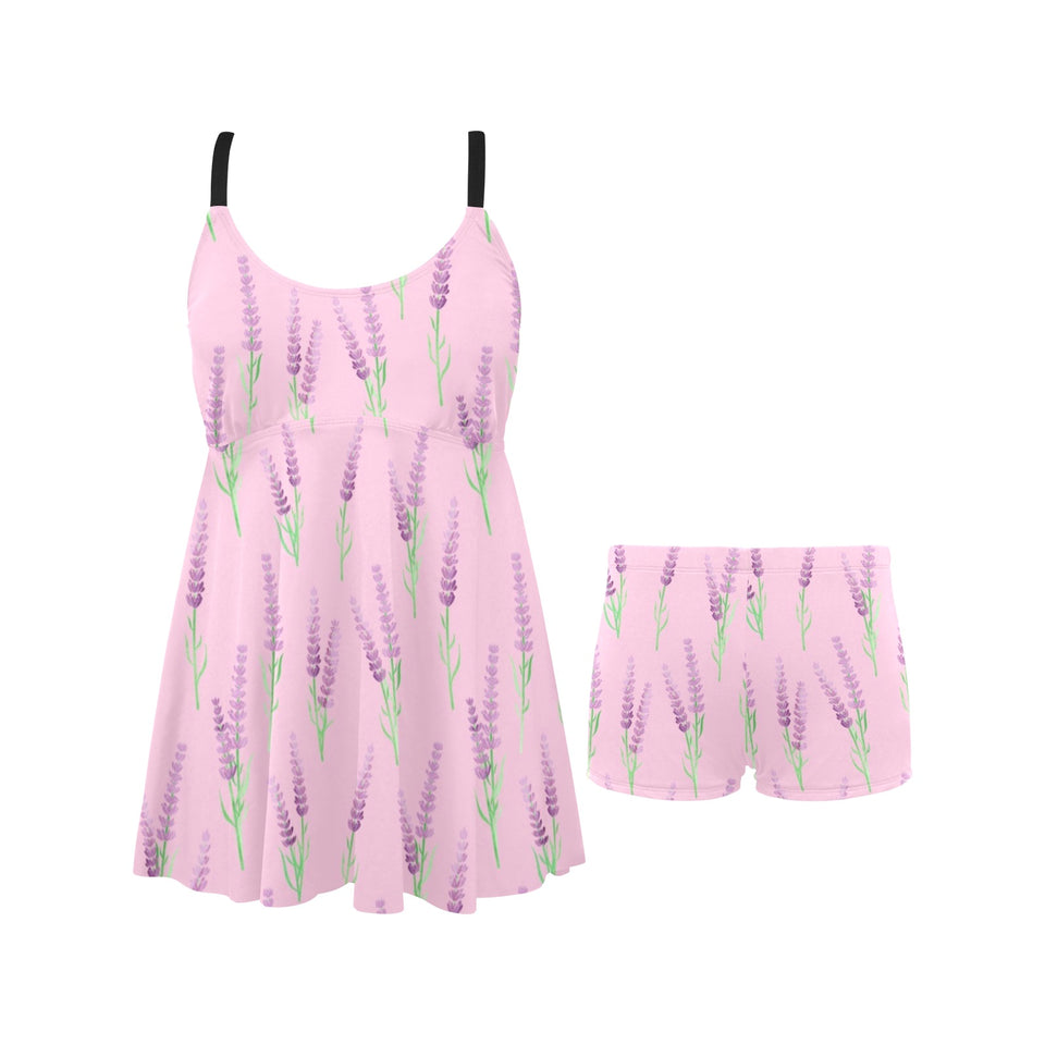 Lavender pattern pink background Chest Sexy Pleated Two Piece Swim Dress