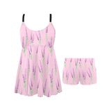 Lavender pattern pink background Chest Sexy Pleated Two Piece Swim Dress