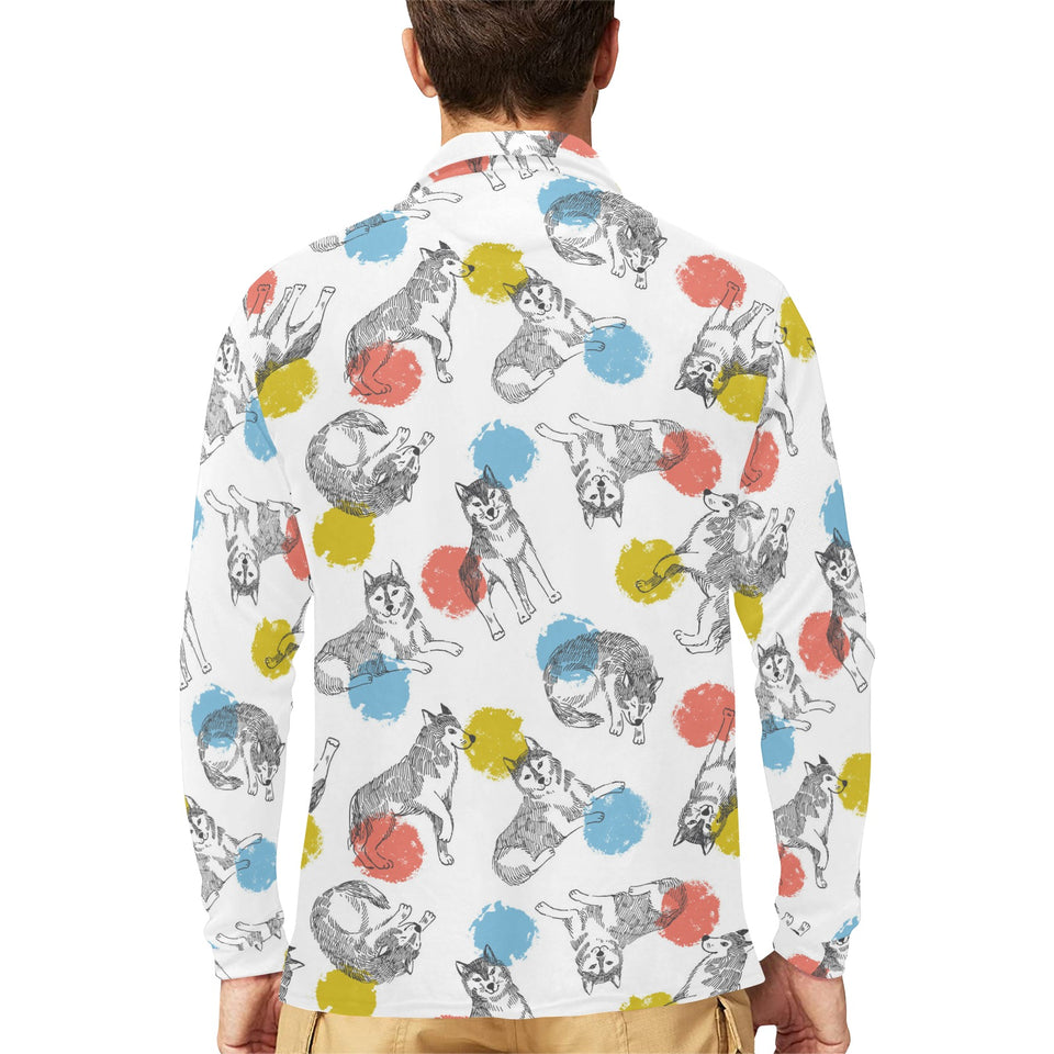 Siberian husky and colorful circle pattern Men's Long Sleeve Polo Shirt