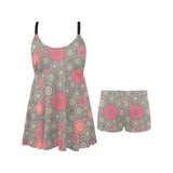 Red gold Sakura cherry blossom gray background Chest Sexy Pleated Two Piece Swim Dress