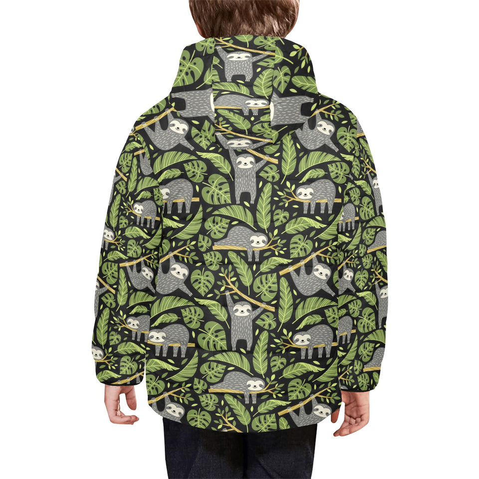 Cute sloths tropical palm leaves black background Kids' Boys' Girls' Padded Hooded Jacket