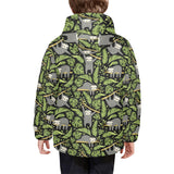 Cute sloths tropical palm leaves black background Kids' Boys' Girls' Padded Hooded Jacket