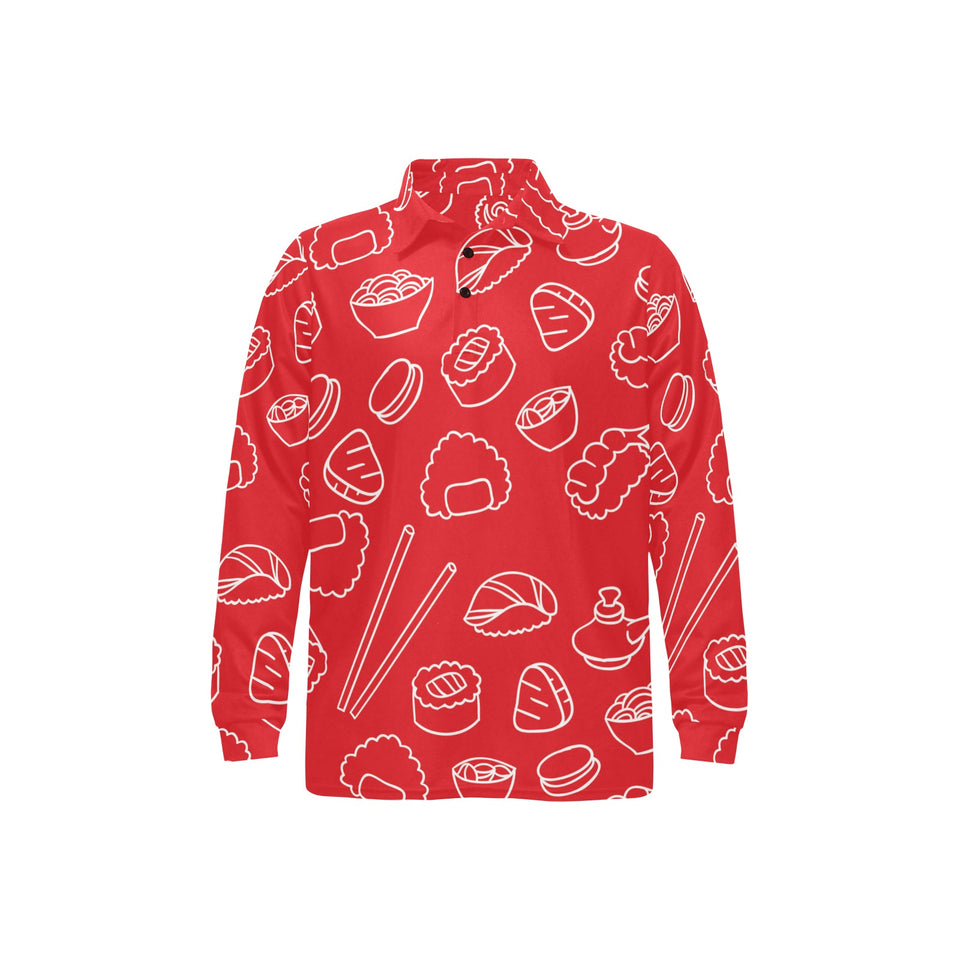 sushi pattern red background Men's Long Sleeve Polo Shirt