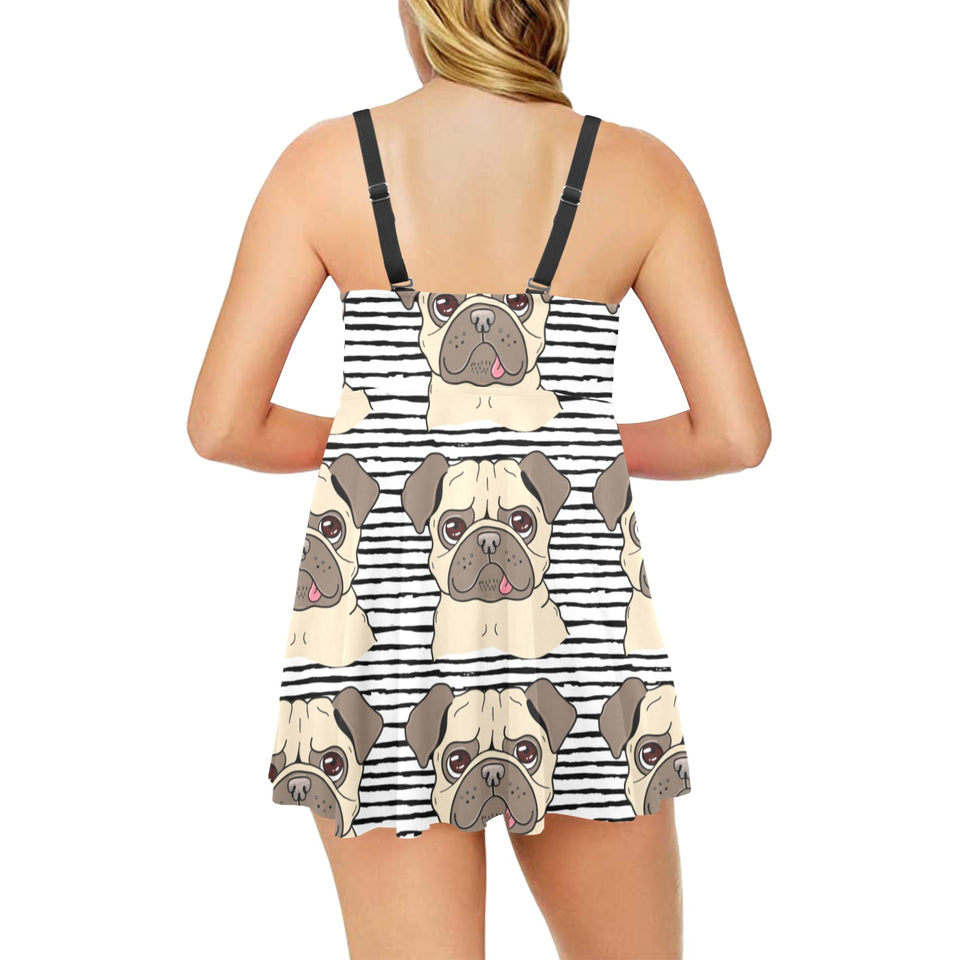 Happy pug pattern Chest Sexy Pleated Two Piece Swim Dress