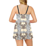 Happy pug pattern Chest Sexy Pleated Two Piece Swim Dress