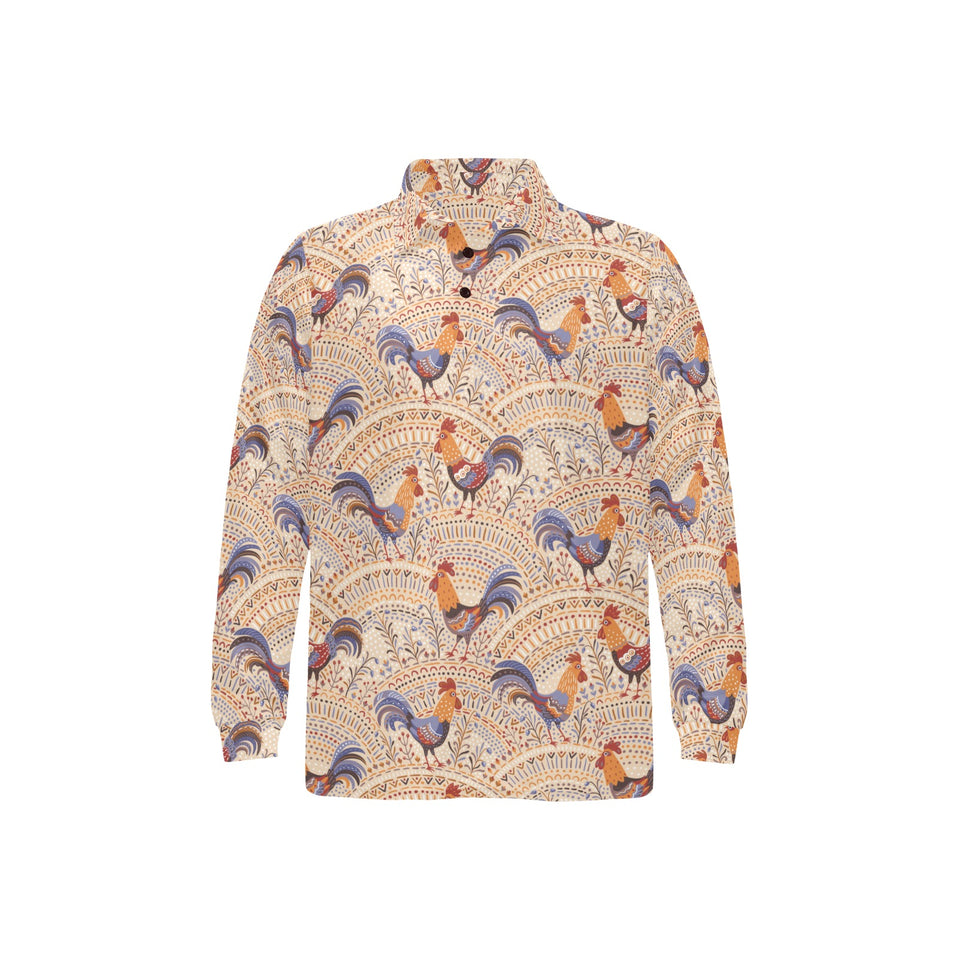 Cute rooster chicken cock floral ornament backgrou Men's Long Sleeve Polo Shirt