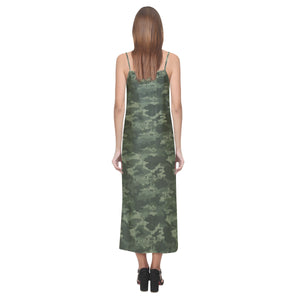 Digital Green camouflage pattern V-Neck Open Fork Long Dress