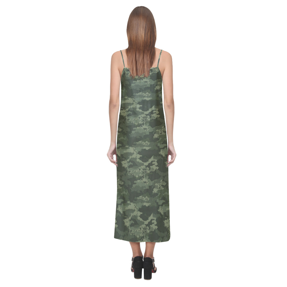 Digital Green camouflage pattern V-Neck Open Fork Long Dress