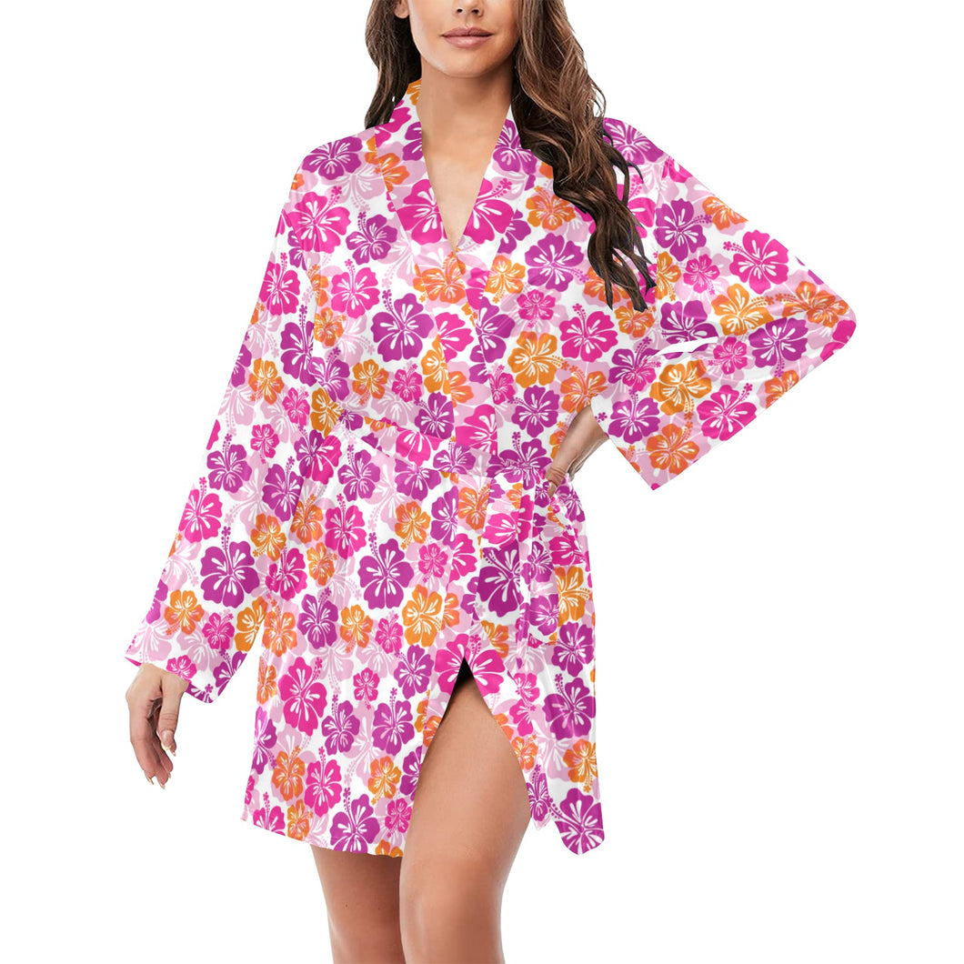 Hibiscus Pattern Print Design 01 Women's Long Sleeve Belted Night Robe