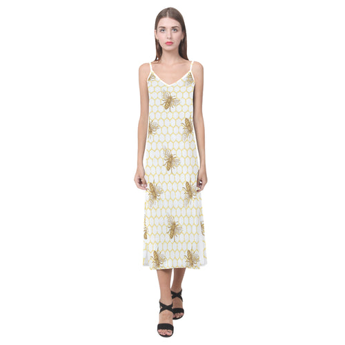 Bee honeycomb seamless design pattern V-Neck Open Fork Long Dress