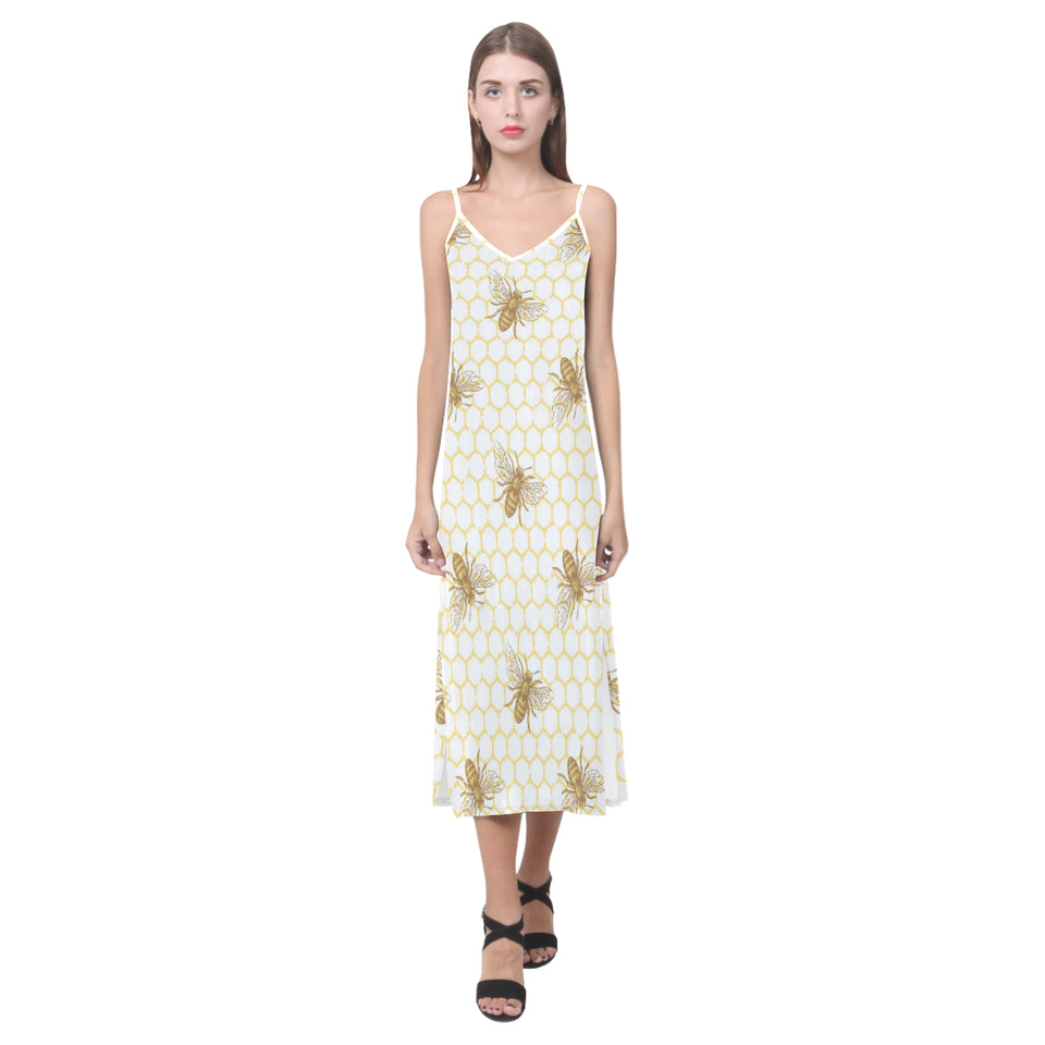 Bee honeycomb seamless design pattern V-Neck Open Fork Long Dress