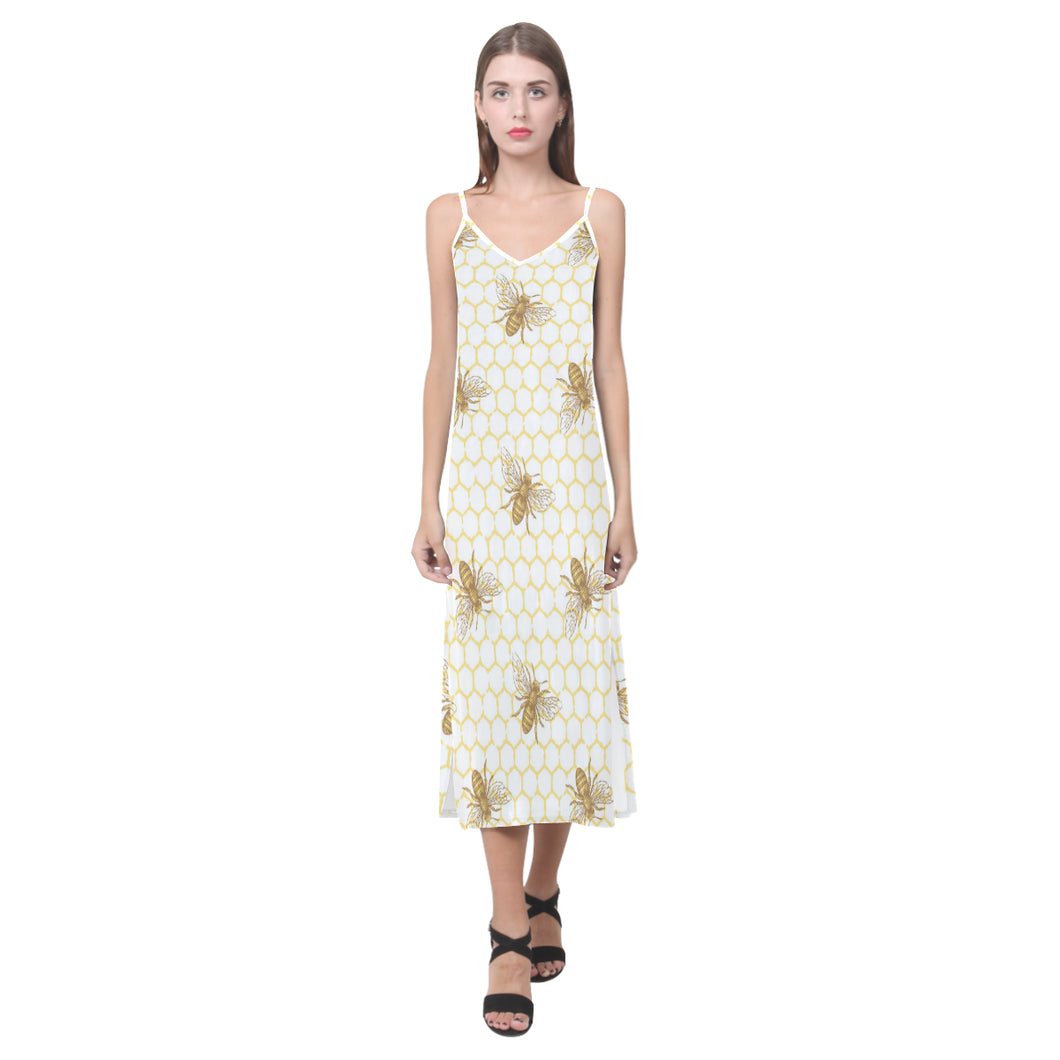 Bee honeycomb seamless design pattern V-Neck Open Fork Long Dress