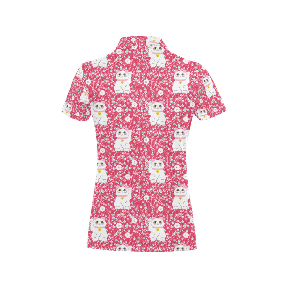 Maneki neko cat sakura pink background Women's All Over Print Polo Shirt