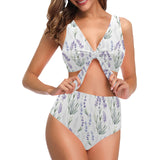 Hand painting Watercolor Lavender Chest Bowknot High Waisted Bikini Swimsuit