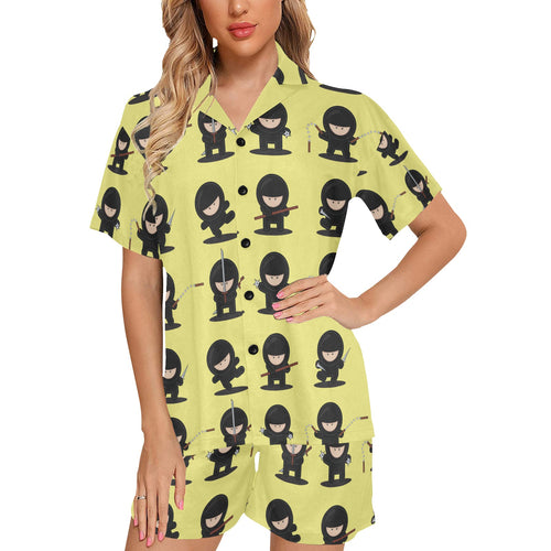 Cute ninja yellow background Women's V-Neck Short Pajama Set