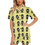 Cute ninja yellow background Women's V-Neck Short Pajama Set