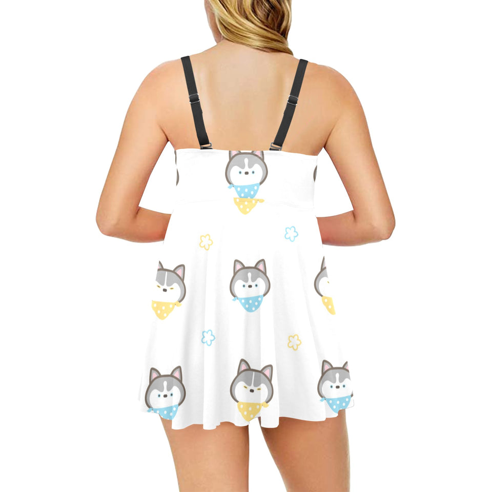 Cute Siberian Husky pattern Chest Sexy Pleated Two Piece Swim Dress