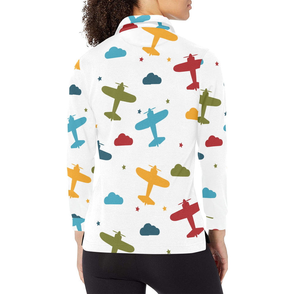 Airplane star cloud colorful Women's Long Sleeve Polo Shirt