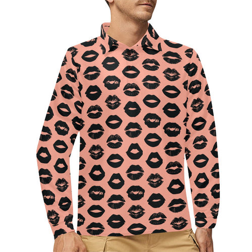 Lips Pattern Print Design 02 Men's Long Sleeve Polo Shirt
