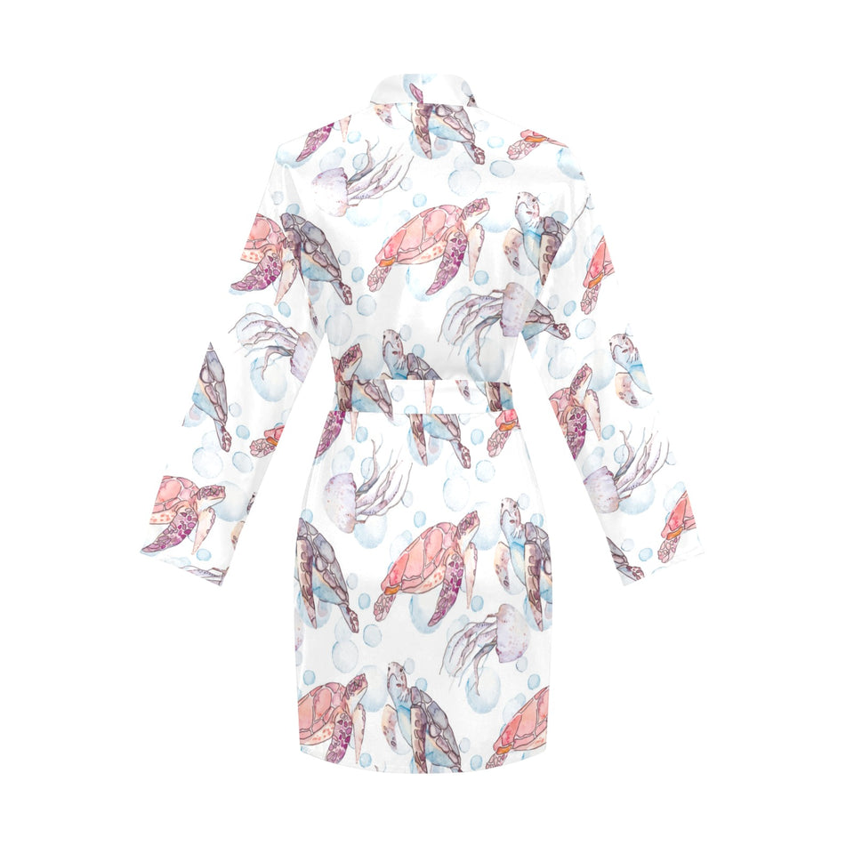 Watercolor sea turtle jellyfish pattern Women's Long Sleeve Belted Night Robe