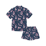 Pink sakura cherry blossom blue background Kids' Boys' Girls' V-Neck Short Pajama Set