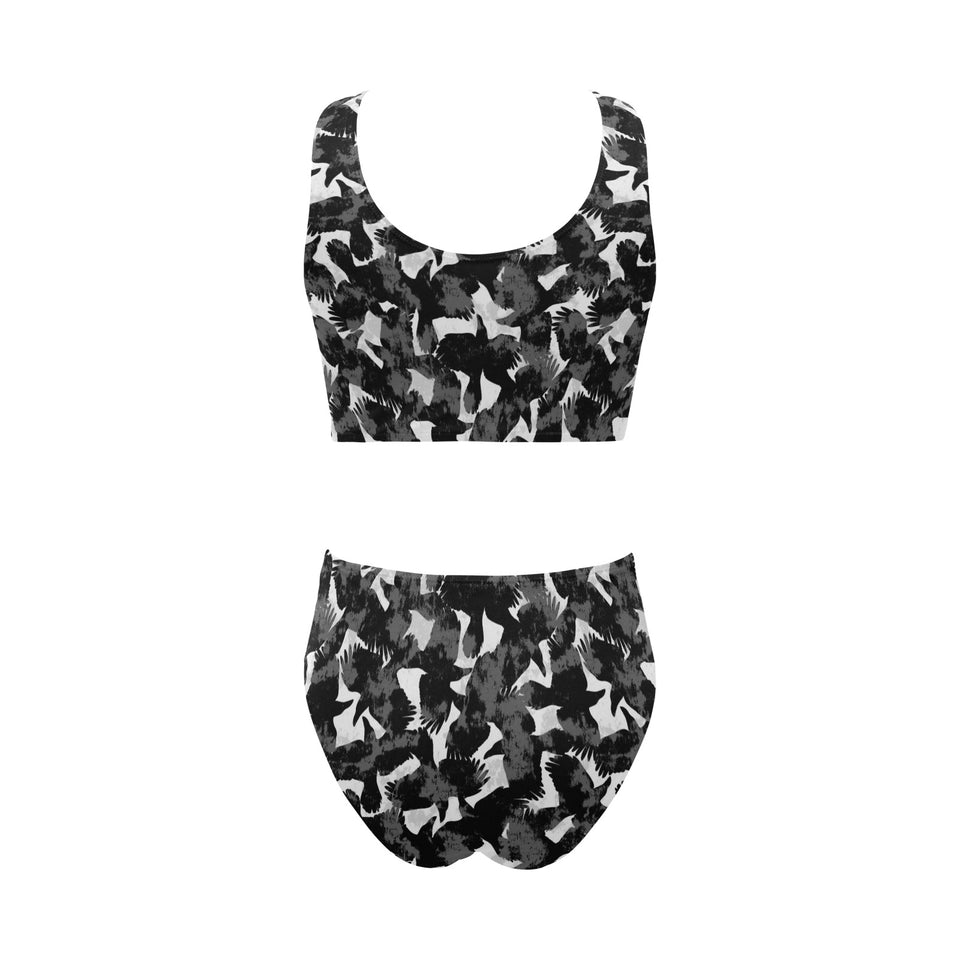 Crow illustration pattern Chest Bowknot High Waisted Bikini Swimsuit