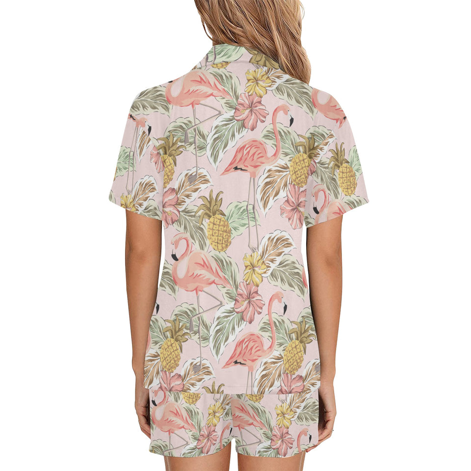 Pink flamingo birds pineapples hibiscus flower pat Women's V-Neck Short Pajama Set
