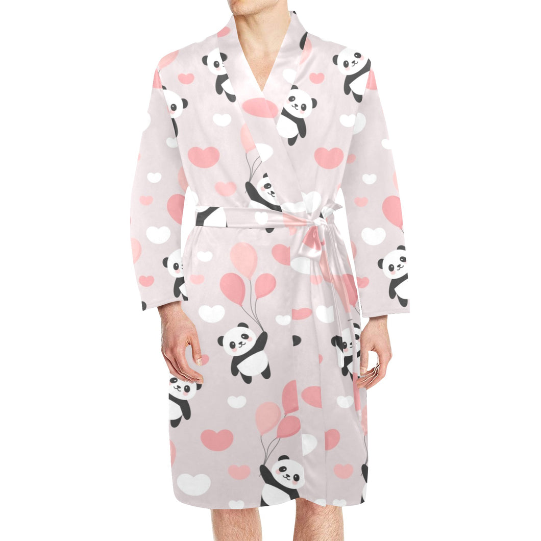Cute panda ballon heart pattern Men's Long Sleeve Belted Night Robe
