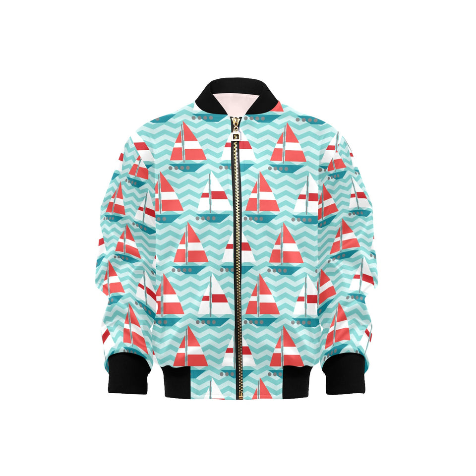 Red White sailboat wave background Kids' Boys' Girls' Bomber Jacket