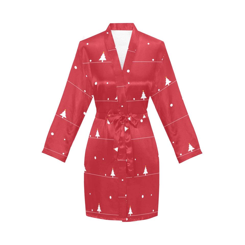 Christmas tree star snow red background Women's Long Sleeve Belted Night Robe