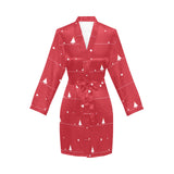 Christmas tree star snow red background Women's Long Sleeve Belted Night Robe